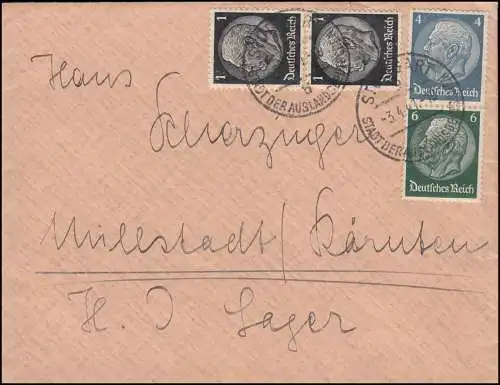 Hindenburg-Zusammendruck S 215 mit 4+6 Pfennig MiF Brief STUTTGART 3.4.41