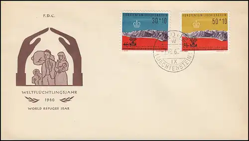 Liechtenstein 389-390 Weltflüchtlingsjahr 1960 Satz auf Schmuck-R-FDC VADUZ 7.4.