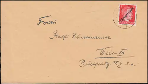Österreich 662 Freimarke 8 Pf. Aufdruck I als EF auf Ortsbrief WIEN 17.5.1945