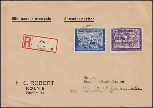 777+778 Kameradschaftsblock auf R-Brief KÖLN 3.7.42 nach Oldenburg