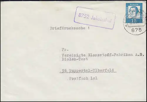 Landpost-Stempel 8752 Jakobsthal auf Brief ASCHAFFENBURG nach Wuppertal