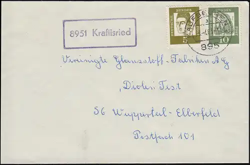 Temple de la poste de campagne 8951 Kraftisried sur lettre ACHATBEUREN 29.4.63 à Wuppertal