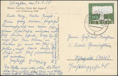 Landpost-Stempel Manscheid über HELLENTHAL (EIFEL) 28.5.58 auf AK Die Wildenburg