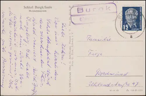 Landpost-Stempel Burgk über Schleiz 1953 auf AK Schloß Burgk/Saale Heimatmuseum