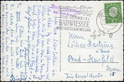 Landpost-Stempel Siebenhütten bei Bad Kreuth, passende AK, BAD WIESSEE 17.5.59