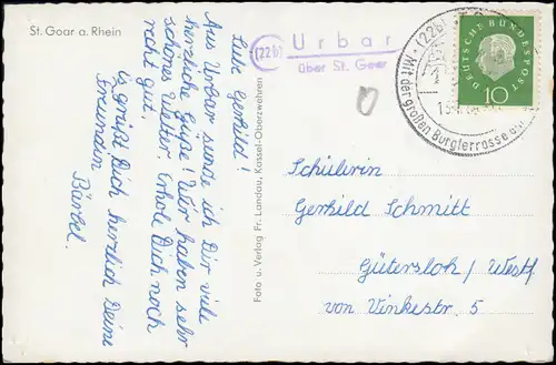 Landpost-Stempel Urbar über St. Goar auf passender AK SSt ST.GOAR 13.7.59