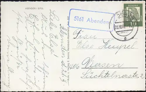 Landpost-Stempel 5161 Abenden auf passender AK, DÜREN 23.10.1962 nach Viersen