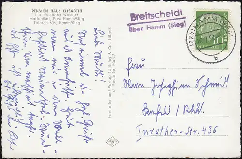 Landpost-Stempel Breitscheidt über HAMM (SIEG) 16.7.59 auf AK Pension Elisabeth