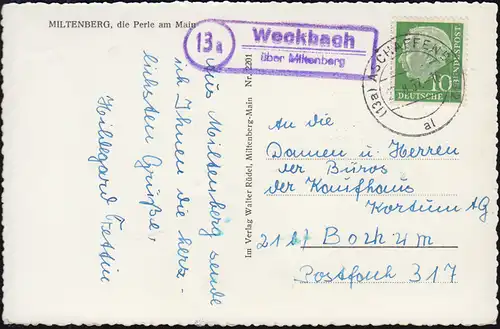 Landpost-Stempel Weckbach über Miltenberg, AK Miltenberg, ASCHAFFENBURG 27.8.57