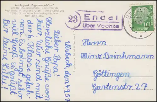 Landpost-Stempel Endel über VECHTA 6.9.1957 auf AK Ausflugsort Engelmannsbäke