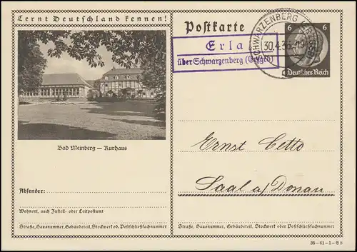 Landpost-Stempel Erla über SCHWARZENBERG (ERZ.) 30.4.36 auf Bildpostkarte