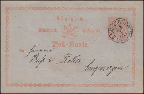 Württemberg Postkarte P 9/01 Ziffer 2 Kr. RAVENSBURG STADT-POST 15.1.(IX) 1874