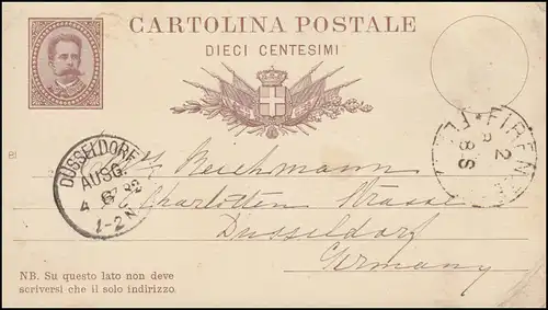 Italie Carte postale P 6 Roi Humbert Ier de FIRENZE 2.8.82 d'après DUSSELDORF 4.6.81