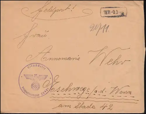 Feldpost BS Feldpostnummer 25491 auf Brief mit Tarnstempel 18.11.(1940)