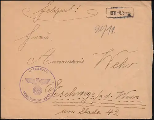 Poste de champ BS Numéro de champs 25491 sur lettre avec cachet de couverture 18.11.(1940)