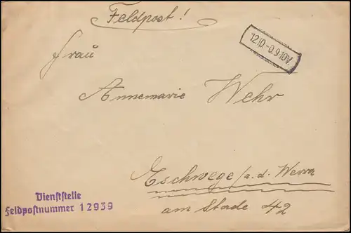 Feldpost Dienststelle Feldpostnummer 12939 Brief mit Tarnstempel 12.10.(1940)