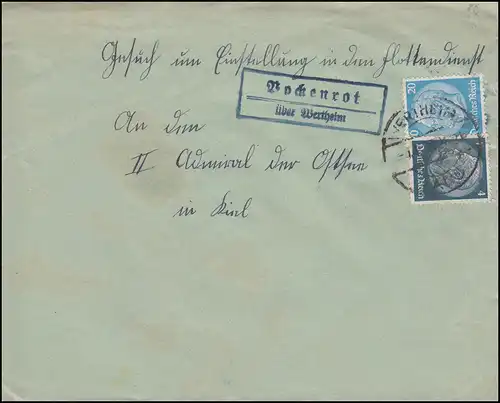 Landpost-Stempel Vockenrot über WERTHEIM 1937 auf Brief nach Kiel-Wik
