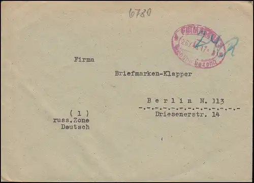Gebühr-bezahlt-Stempel Pirmasens 26.7.1946 auf Brief nach Berlin