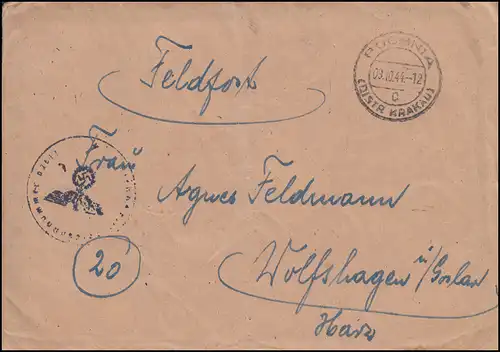 Feldpost mit BS auf Brief BOCHNIA (KRAKAU) 9.10.1944 nach Wolfshagen