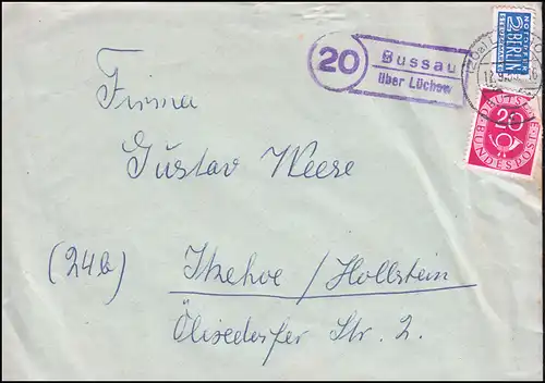 Landpost-Stempel Bussau über LÜCHOW 12.9.53 auf Brief mit Notopfer