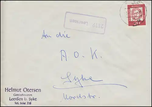 Landpost-Stempel 2819 Leerssen auf Brief SYKE 1962 an die AOK in Syke