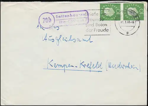 Landpost-Stempel Sattenhausen über GÖTTINGEN 11.1.60 nach Kempen-Krefeld