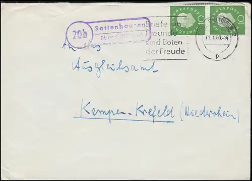 Temple de la poste de Landpost Sattenhausen via GÖTTINGEN 11.1.60 vers Kempen-Krefeld