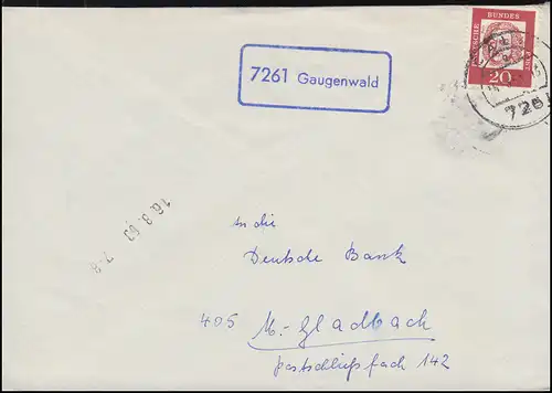 Le temple de Landpost 7261 Gaugenwald sur lettre CALW 1953 à Mönchengladbach
