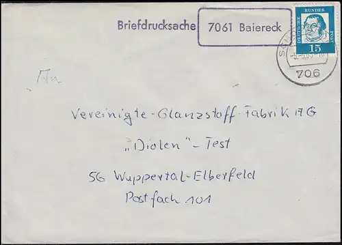 Landpost-Stempel 7061 Baiereck auf Briefdrucksache SCHORNDORF 5.5.63