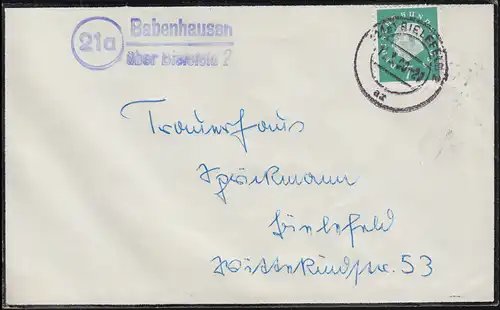 Landpost-Stempel Babenhausen über BIELEFELD 2 - 1960 auf Trauerbrief