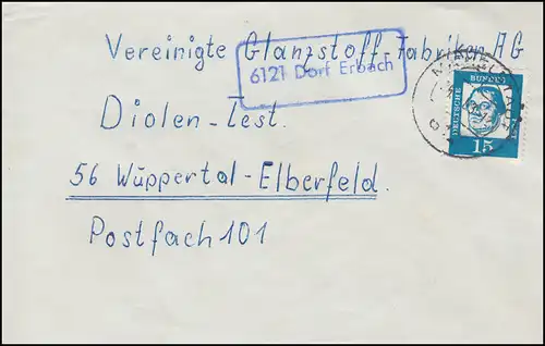 Landpost-Stempel 6121 Dorf Erbach auf Brief MICHELSTADT 1963 nach Wuppertal