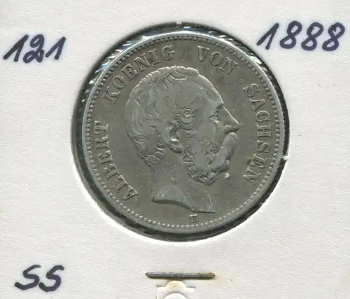 Sachsen König Albert - Reichsadler klein, 2 Mark von 1888, Silber 900, s