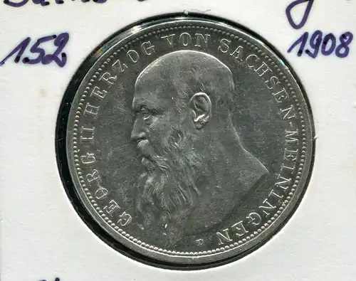 Saxe-Meiningen duc Georg, 3 Marks de 1908, Argent 900, vz-stg