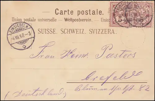 Carte de vue Suisse: Graus de Einsiedeln 4.8.1897 vers Krefeld/Allemagne