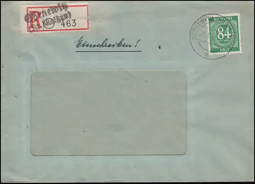936 Ziffer 84 Pf als EF auf R-Brief R-Not-Zettel SÖRNEWITZ (KR. MEISSEN) 21.5.48