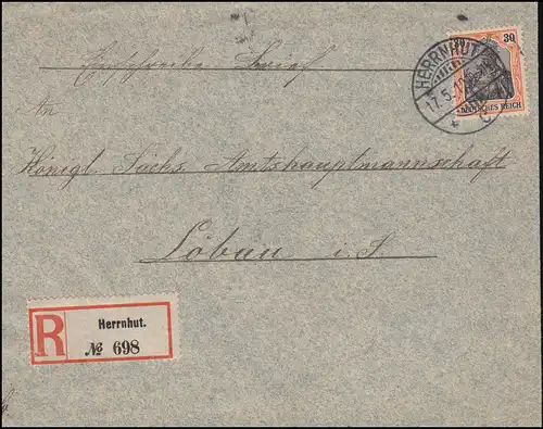 89I Germania 30 Pf. als EF auf R-Brief HERRNHUT 17.5.1912 nach LÖBAU 17.5.12