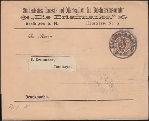 Württemberg PS 2 Streifband Die Briefmarke ESSLINGEN-BAHNHOF 19.6.1896