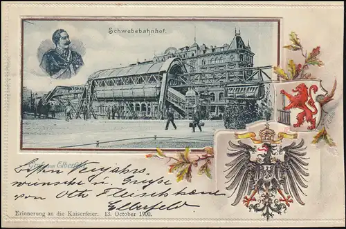 Präge-Ansichtskarte Gruss aus Elberfeld Schwebebahnhof, 1.1.1901 nach Andernach