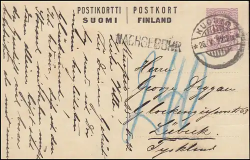 Finnland Postkarte P 56 Wappenlöwe 60 P. aus KUOPIO 26.5.22 mit Nachgebühr