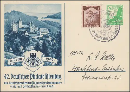 PP 142 42. Deutscher Philatelistentag 1936 + Zusatzfr. SSt LAUENSTEIN 7.6.36