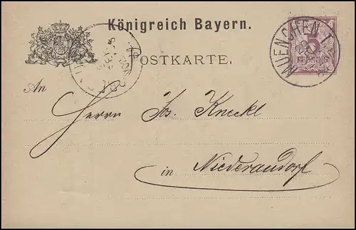Bayern Postkarte Ziffer 5 Pf lila ohne DV: MÜNCHEN I. 29.9.84 nach Niederaudorf