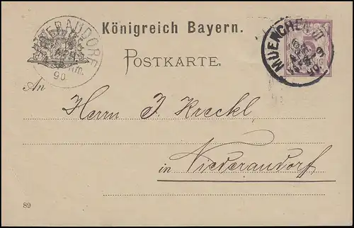 Carte postale de Bavière, point 5 Pfila DV 89: MÜNCHEN III 16.4.90 vers Niederaudorf