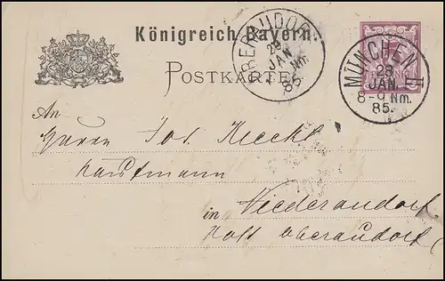 Postkarte Ziffer 5 Pf lila ohne DV: MÜNCHEN II. - 28.1.85 nach Niederaudorf