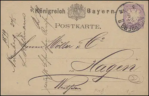 Bayern P 18 Wappen 5 Pf lila, NÜRNBERG - 27.5.1879 nach Hagen/Westfalen