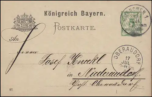 Bayern P 44/03, paragraphe 5 Pf vert DV 97: MÜNCHEN 1. - 17.7.97 vers Niederaudorf