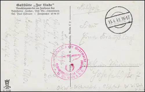 Poste de terrain OKW Service militaire et militaire 15.4.41 sur AK Fumigswerder
