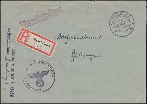 Feldpost FP L 33436 Luftgaupostamt Hamburg R-Bf. OSNABRÜCK 6.4.43 nach GÖTTINGEN