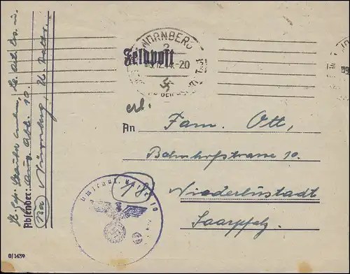Lettres de poste Service de formation 10 de NÜRNBERG 9.12.1944