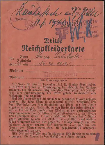 Gemeinde Unterrieden / Witzenhausen 3.Reichskleiderkarte gültig bis 31.12.1942