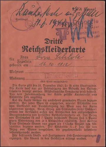 Municipalité Sousrieden / Witzenhausen 3.Carte de vêtements de reich valable jusqu'au 31.12.1942